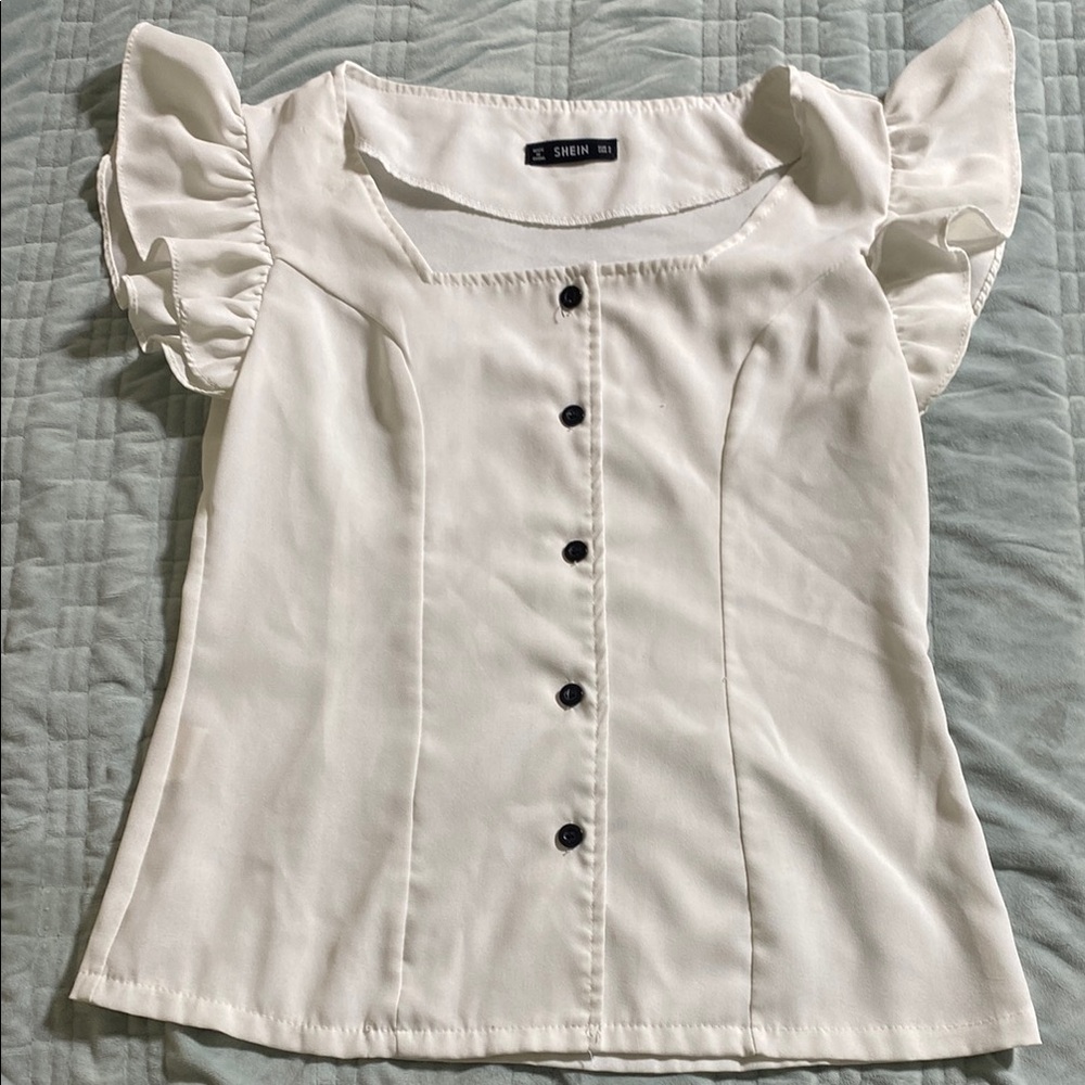 SHEIN white Flutter Sleeve square-neck button-down Blouse